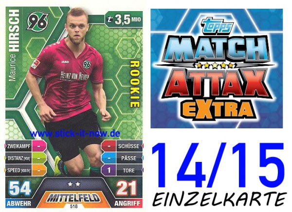 Match Attax 14/15 EXTRA - Maurice HIRSCH - Hannover 96 - Nr. 518 (ROOKIE)