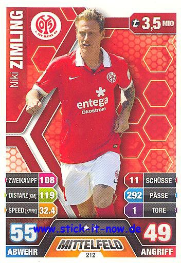 Match Attax 14/15 - Niki ZIMLING - FSV Mainz 05 - Nr. 212