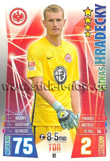 Match Attax 15/16 - Lukas HRADECKY - Ein. Frankfurt - Nr. 92